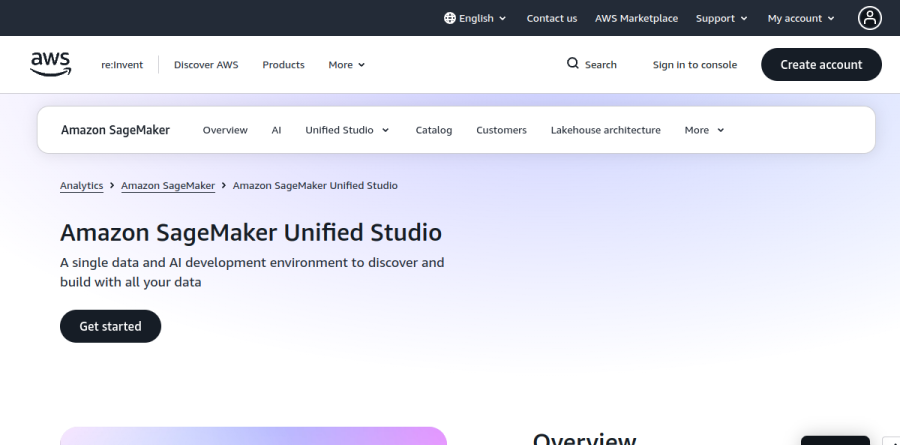Amazon SageMaker Unified Studio product page showing the integrated analytics and AI workbench