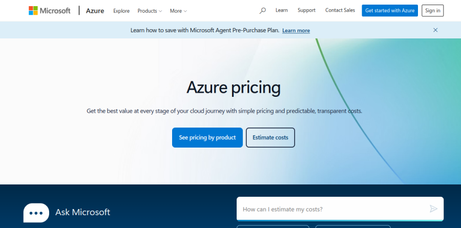 The Microsoft Azure pricing overview page listing calculators and savings options