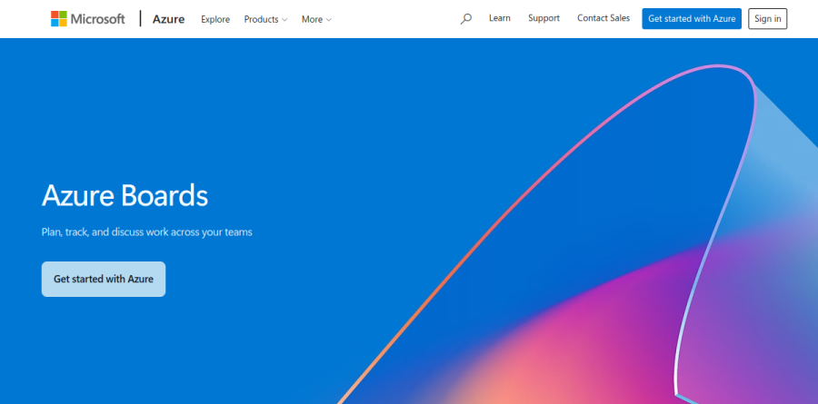 The Azure Boards product page showing Kanban boards, backlogs and sprint planning tools