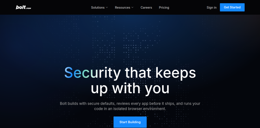 Bolt security and trust page describing WebContainer isolation and secure defaults