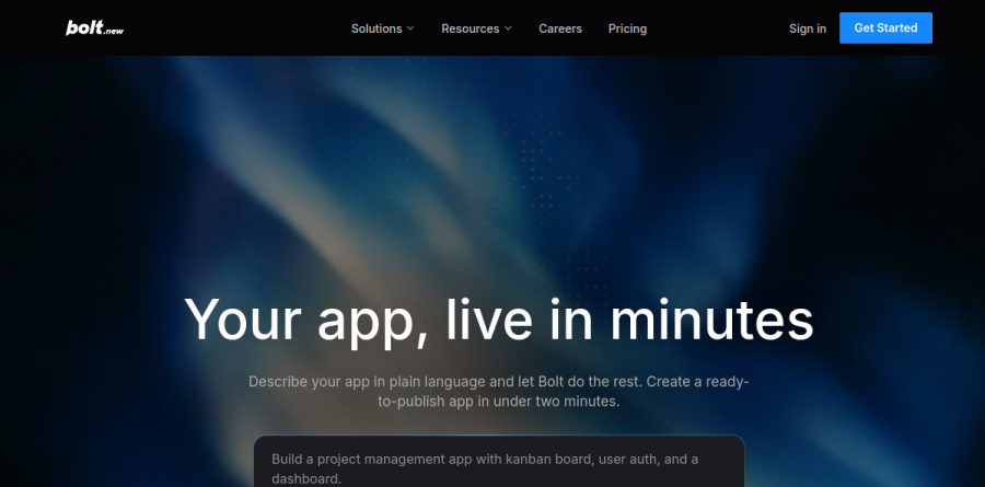 Bolt AI app builder page showing the prompt-to-deployed-app workflow