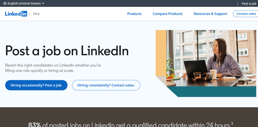 LinkedIn Talent Solutions marketing page for posting a job