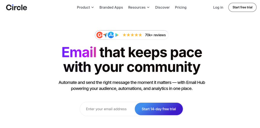 Circle Email Hub page describing broadcasts, forms, segments, and the audience CRM