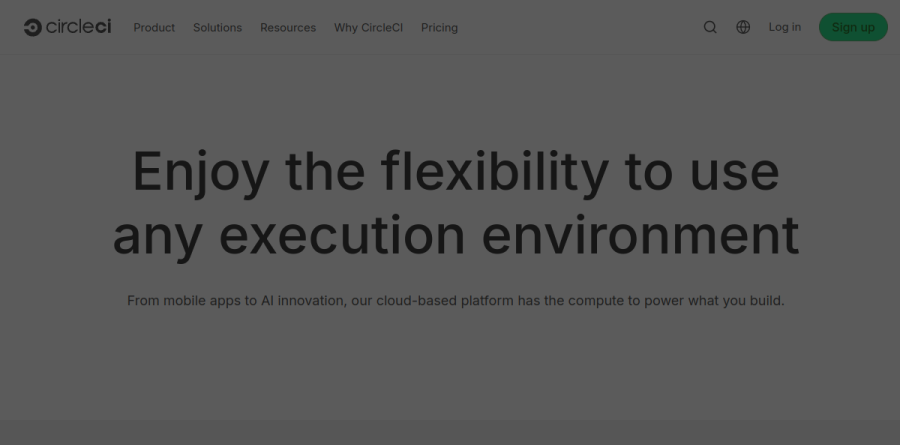 CircleCI execution environments page listing Docker, Linux VM, Android, macOS, Windows, GPU and Arm options