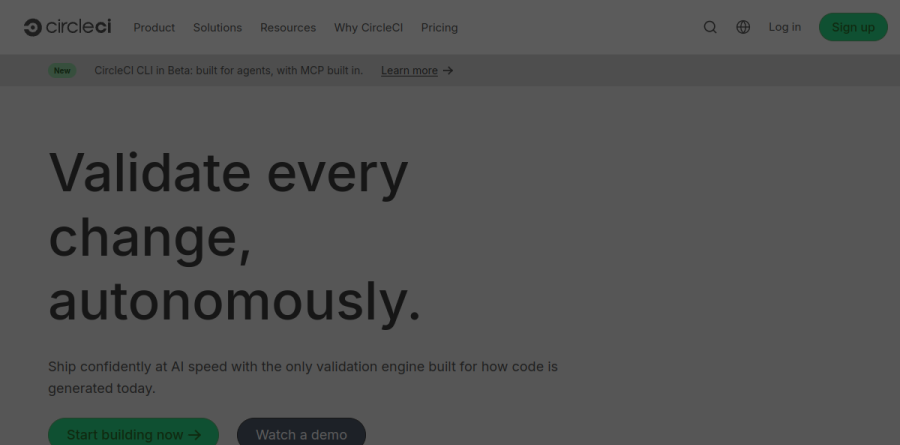CircleCI product overview page showing release management, build optimization and execution environment features