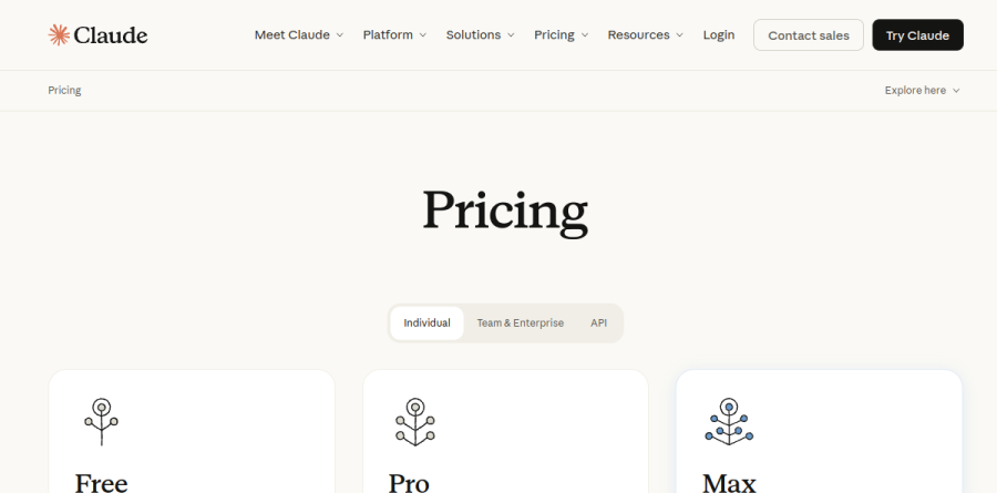 Claude pricing page showing the Free, Pro, Max, Team, and Enterprise plans