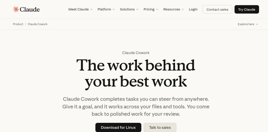 Claude Cowork product page describing agentic task execution across files and tools
