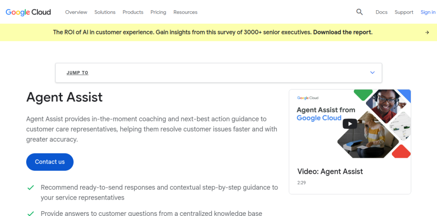 Google Cloud Agent Assist product page describing in-the-moment coaching, Smart Reply, and live transcription for contact-center representatives