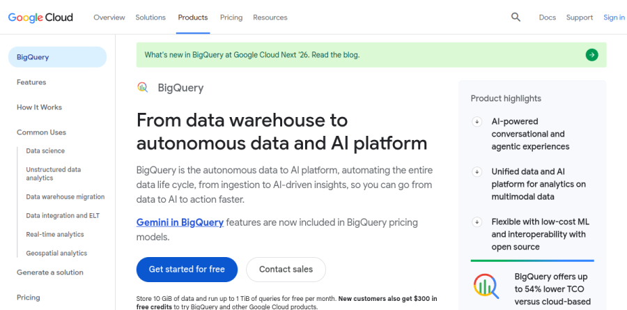 The BigQuery product page on the Google Cloud site