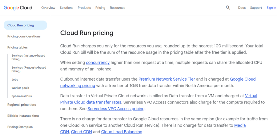 Google Cloud Run pricing page listing instance-based and request-based billing tables