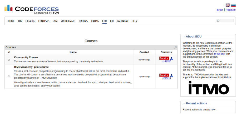 The Codeforces EDU courses page listing the ITMO Academy pilot course and the Community Course