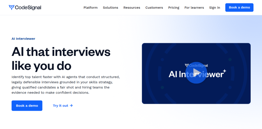 The CodeSignal AI Interviewer product page showing its role-specific interview agents