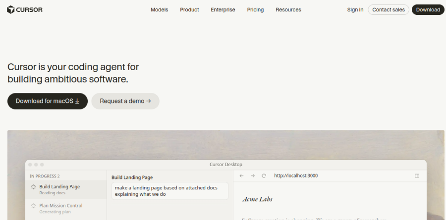 Cursor features page covering Agents, Cloud Agents, CLI, Automations and Mission Control