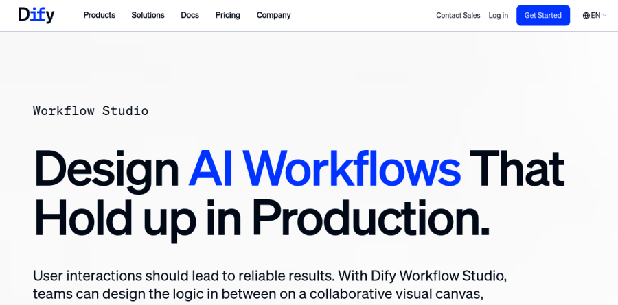 Dify Workflow Studio product page showing the visual node canvas and node library