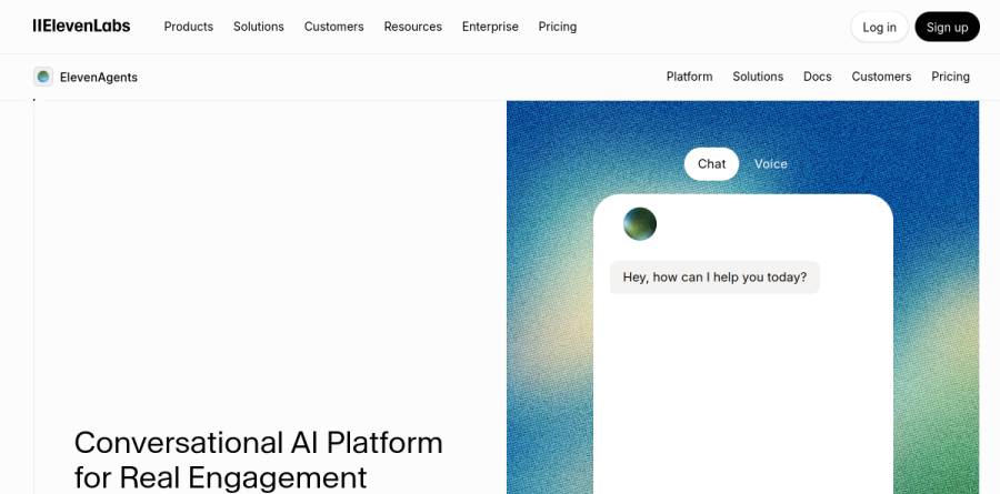 The ElevenLabs Conversational AI Platform page describing agent latency, knowledge bases, and integrations