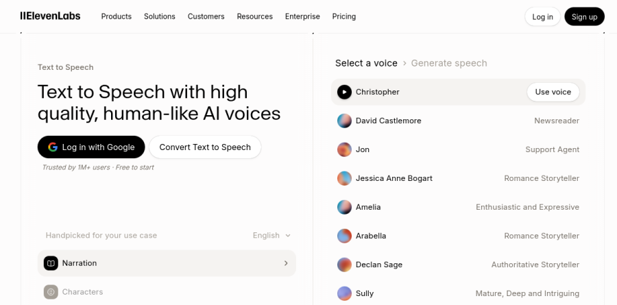 The ElevenLabs Text to Speech product page showing voice selection and model options