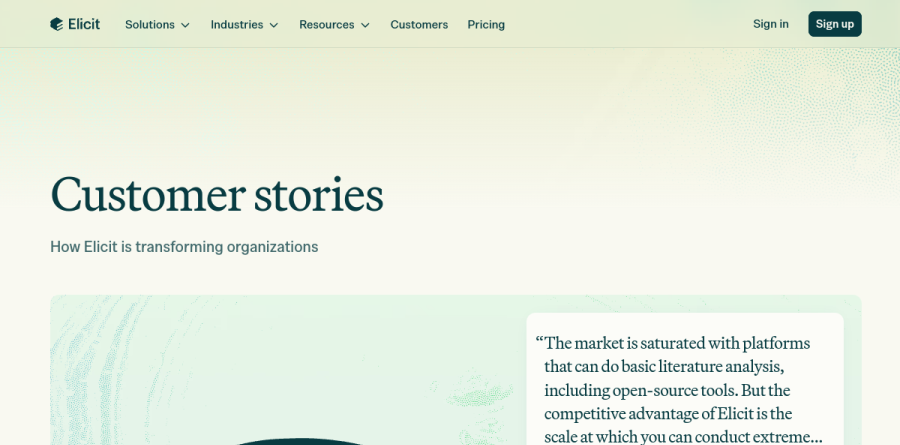Elicit customer stories page featuring research organizations that use the platform