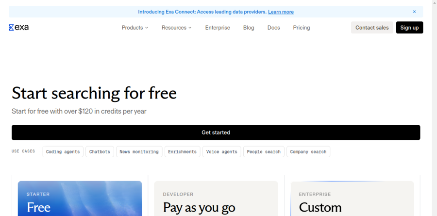 Exa pricing page showing the free tier, per-endpoint rates, and the Enterprise plan