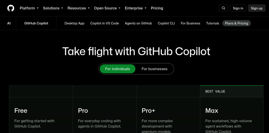 GitHub Copilot plans page comparing the Free, Pro, Pro Plus and Max tiers