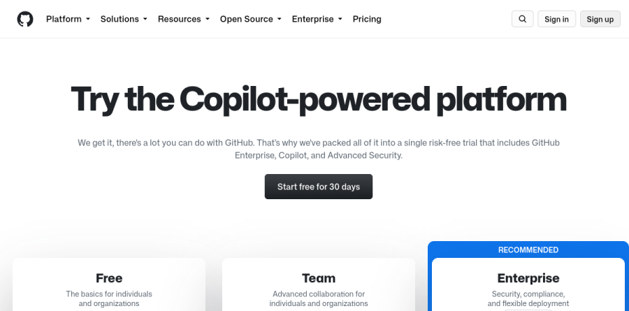 GitHub pricing page showing the Free, Team and Enterprise plans