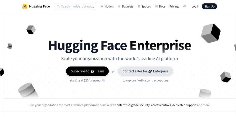 The Hugging Face Enterprise page listing security, identity and compliance features