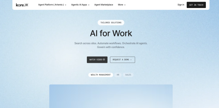 The Kore.ai AI for Work page describing Enterprise Search and agent orchestration for employees