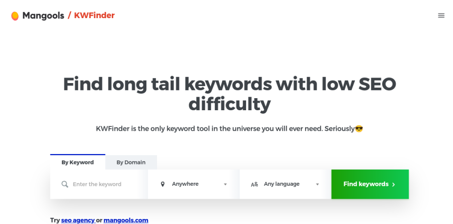 KWFinder keyword research tool page on the Mangools site