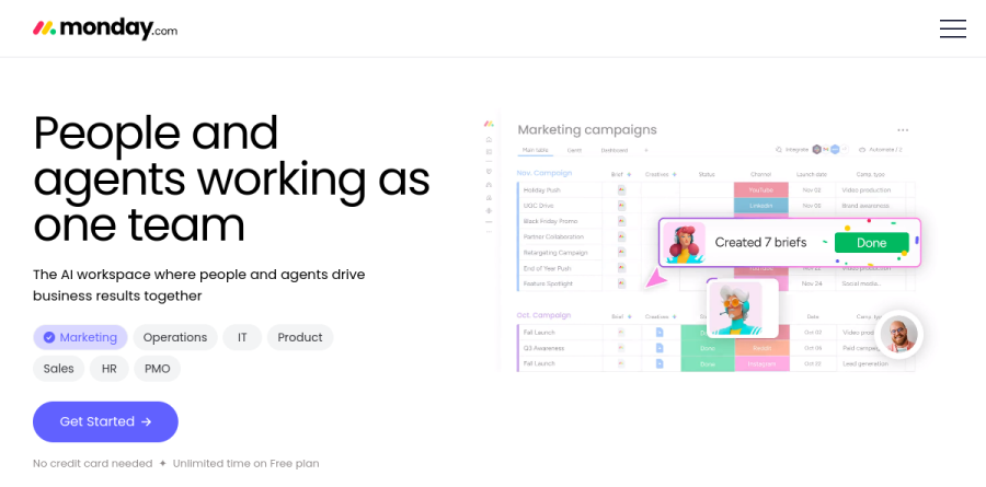 The monday.com AI platform page showing agent builder and prebuilt agents