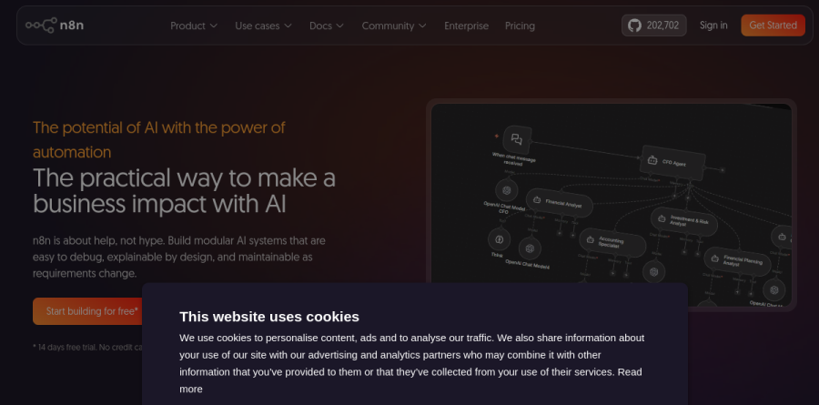 The n8n AI page showing agent, RAG and human-in-the-loop workflow capabilities