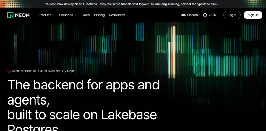 Neon homepage showing Lakebase Postgres, Managed Better Auth, Functions, Object Storage, and AI Gateway