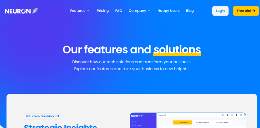 NeuronWriter features page showing Content Designer, AI templates and integration modules