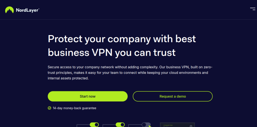 NordLayer Business VPN product page showing remote access and gateway options