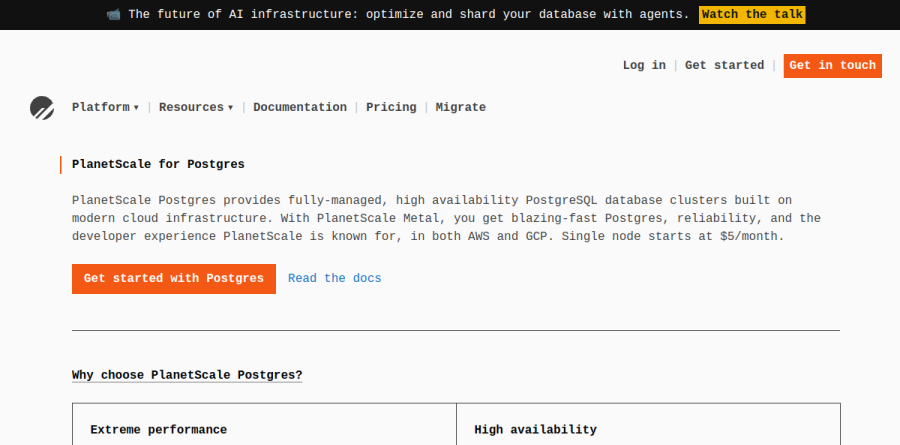 PlanetScale Postgres product page showing managed high availability PostgreSQL clusters