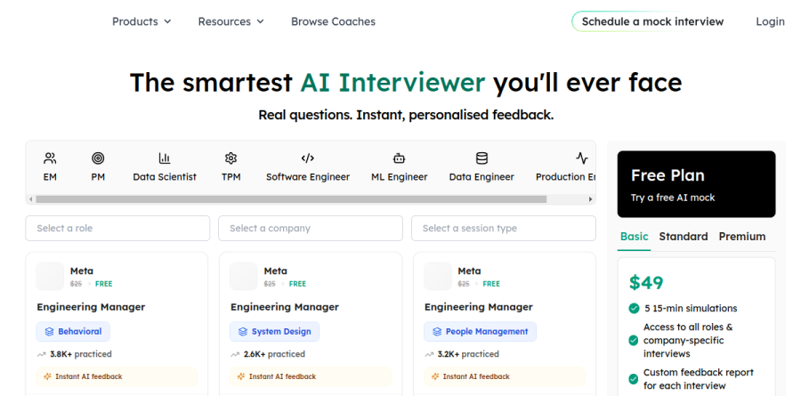 Prepfully AI Interview page showing company-specific mock interview cards and plan options