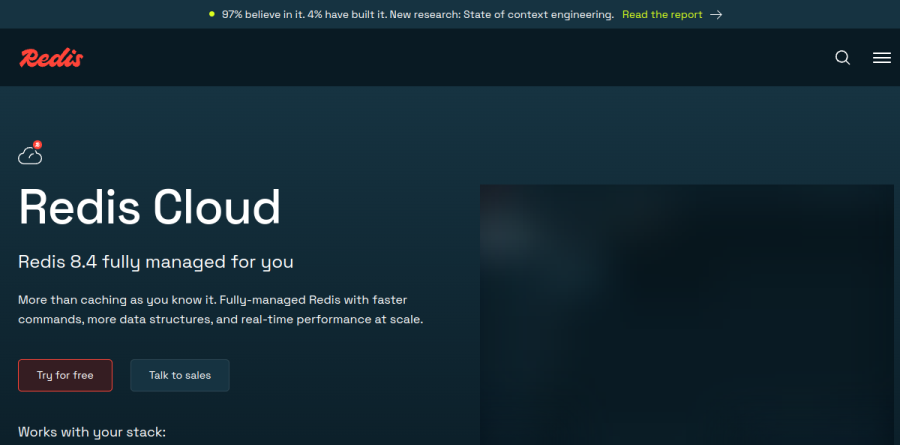 Redis Cloud product page describing fully managed Redis 8.4, the query engine and Flex storage