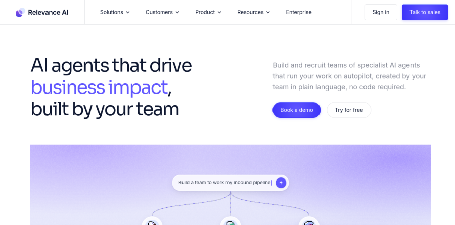 Relevance AI agents product page showing specialist agent roles