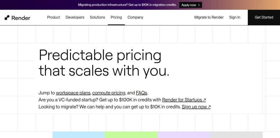 Render pricing page showing Hobby, Pro, Scale, and Enterprise workspace plans alongside compute pricing
