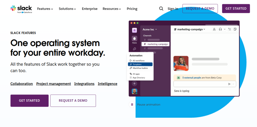 Slack features overview listing channels, huddles, canvas, lists and Workflow Builder
