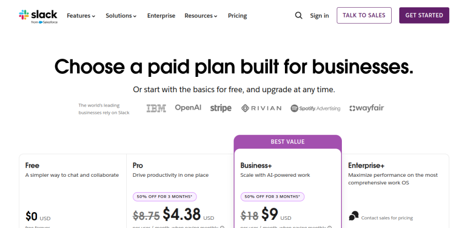 Slack pricing page comparing Free, Pro, Business+ and Enterprise+ plans
