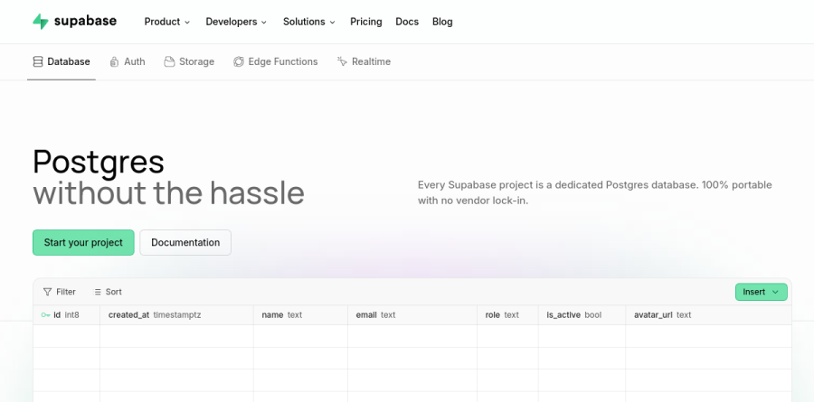 The Supabase Database product page showing table editor and SQL tooling