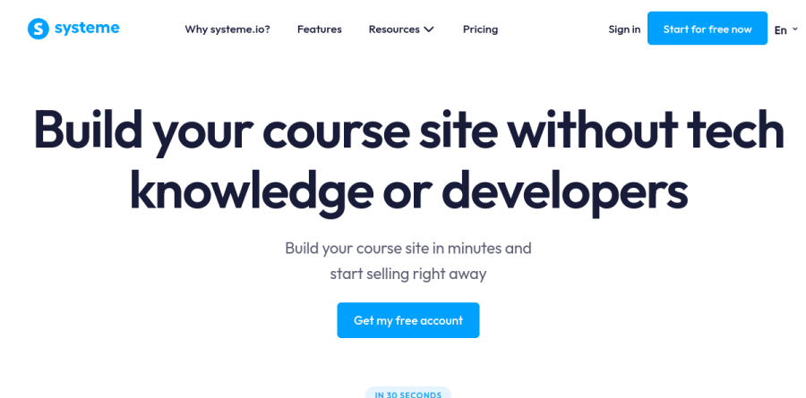 Systeme.io online course builder page showing modules, drip scheduling and quizzes