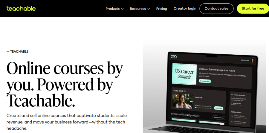 Teachable online courses product page describing the drag-and-drop course builder and student engagement tools