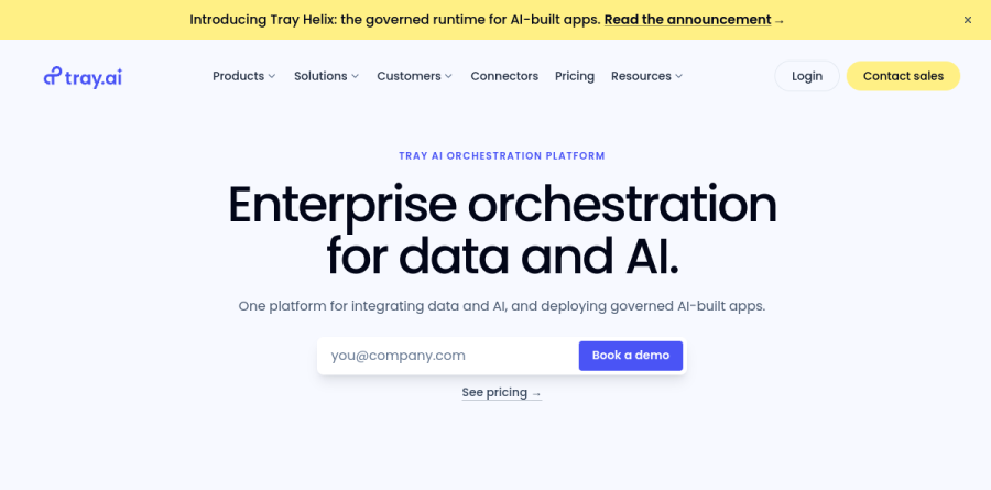 Tray.ai platform page showing Tray iPaaS, Tray Helix, Merlin Agent Builder, and governance modules
