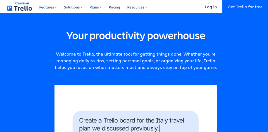 Trello Planner and Inbox shown on the Trello product tour page