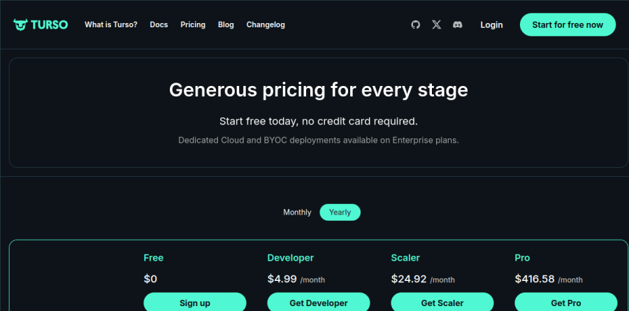The Turso pricing page showing the Free, Developer, Scaler, Pro, and Enterprise plans