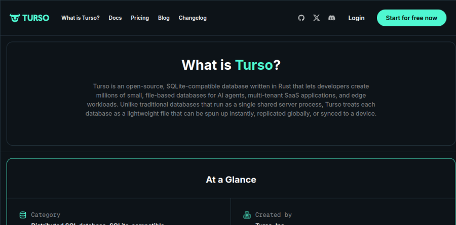 The Turso overview page explaining its Rust rewrite of SQLite and many-database architecture