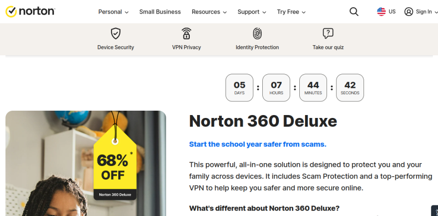 The Norton 360 Deluxe product page on the Norton website