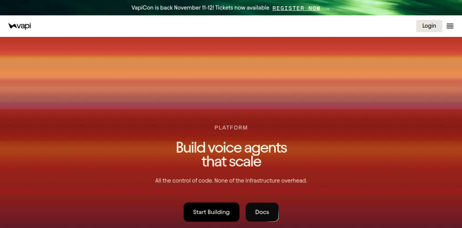 Vapi platform page describing voice agent capabilities, latency, and API access