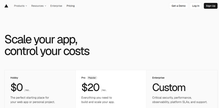 Vercel pricing page comparing the Hobby, Pro and Enterprise plans