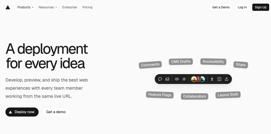Vercel previews product page showing the deployment and collaboration workflow